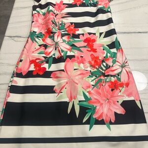 Vince Camuto Black and White Striped Skirt with Pink Floral Design